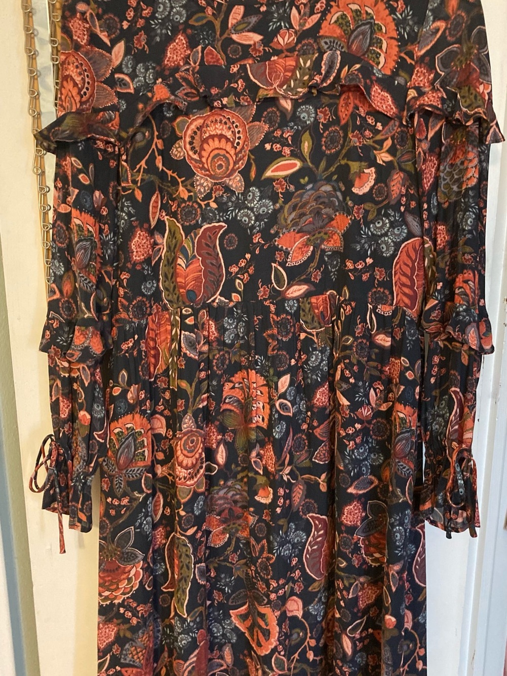 LOFT Black Long-Sleeve Floral Ruffle Midi Dress with Rust Tones
